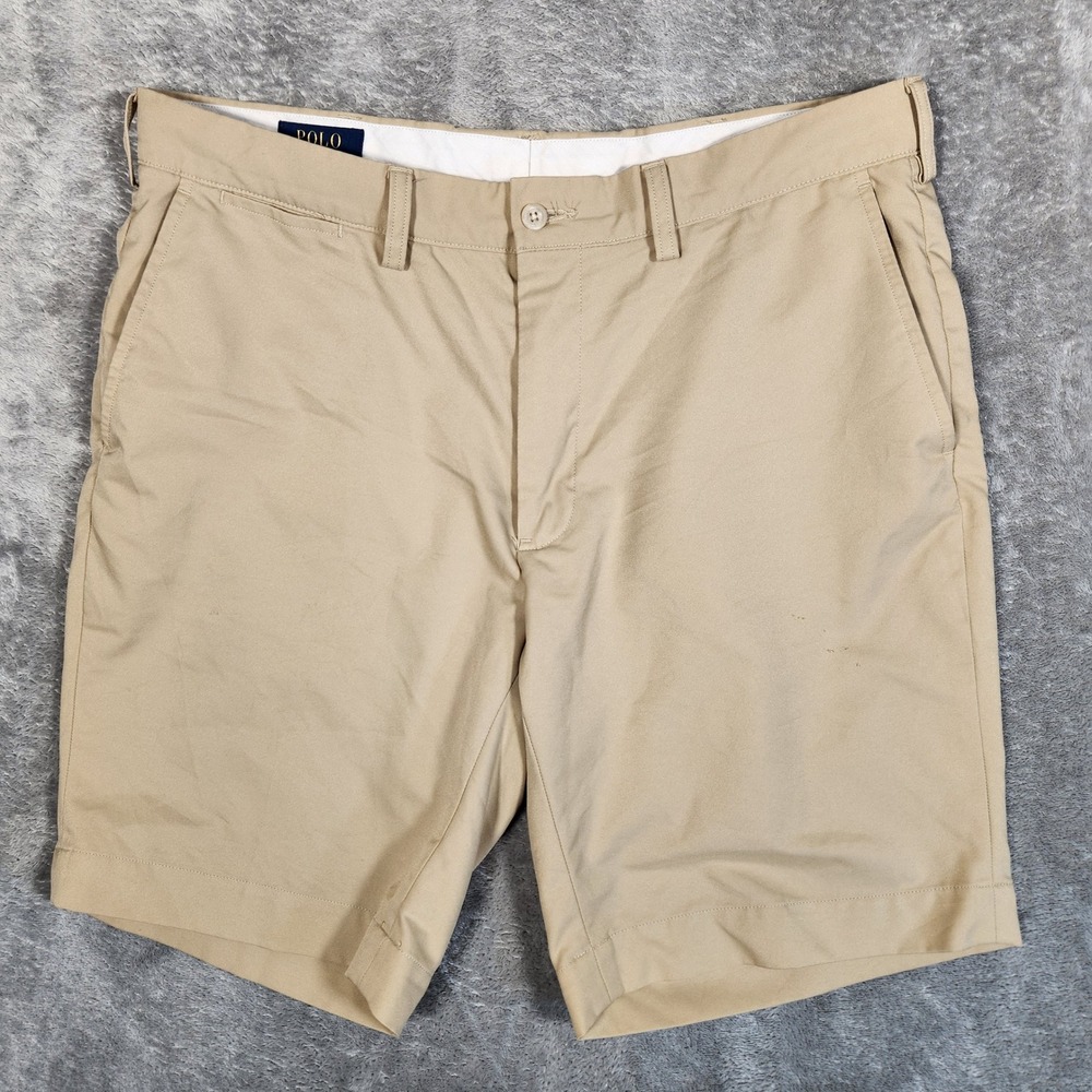 Polo Ralph Lauren Chino Shorts Mens 35 Tan Excellent Flat Front Polyester Khaki